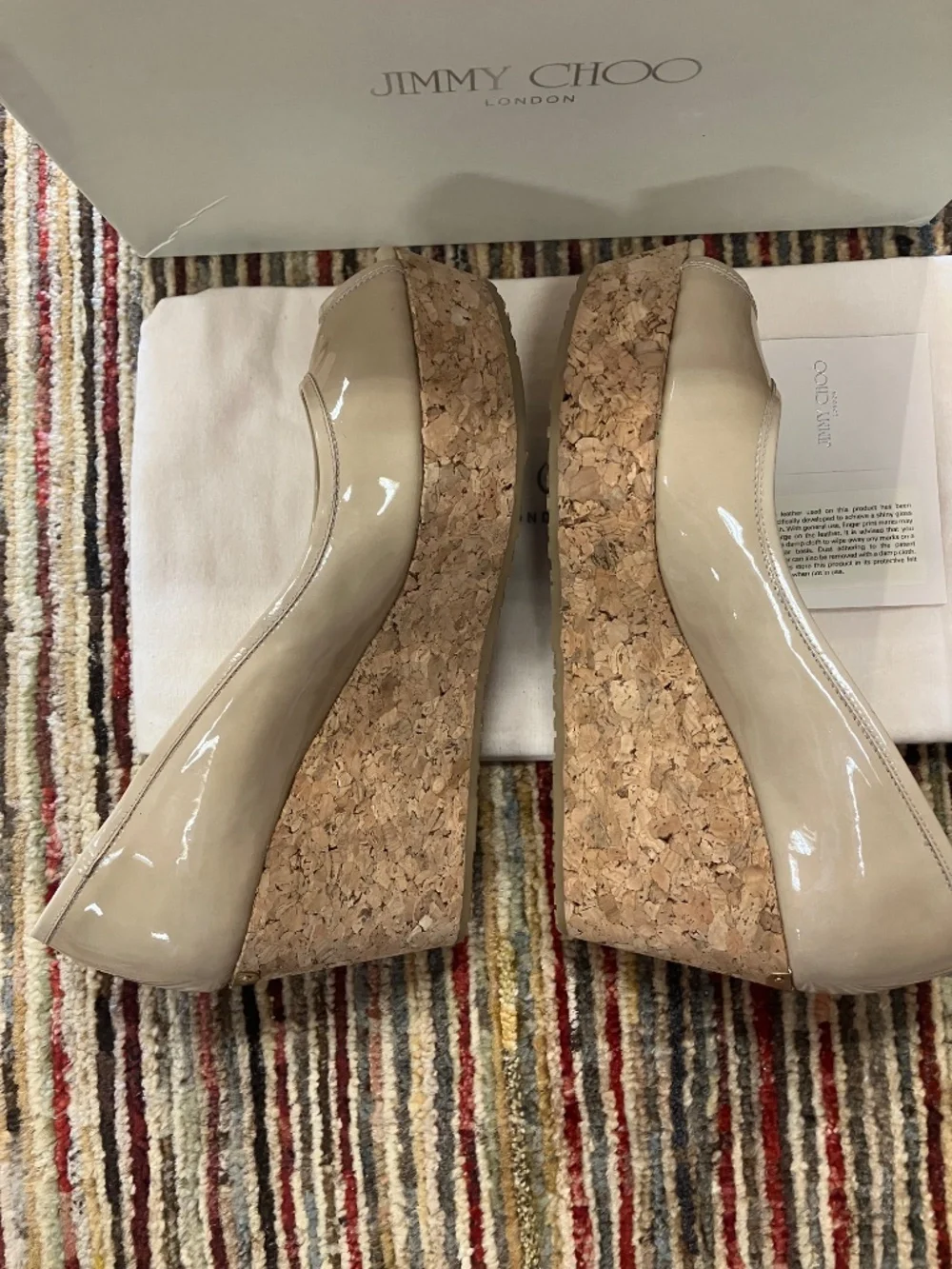 NEW Jimmy Choo USA 7 - Open Toe, Nude (Tan, Beige), Patent Leather, Cork Wedges